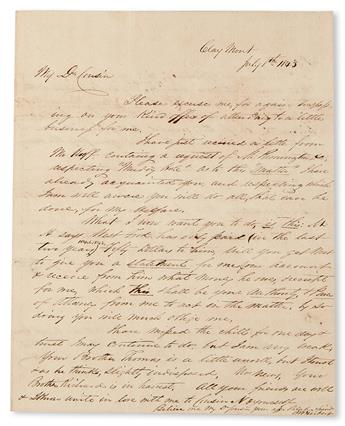 (SLAVERY AND ABOLITION--MOUNT VERNON.) WASHINGTON, JOHN AUGUSTINE. Letter from Cousin B. W. Herbert at Clay Mont to Cousin John Augusti
